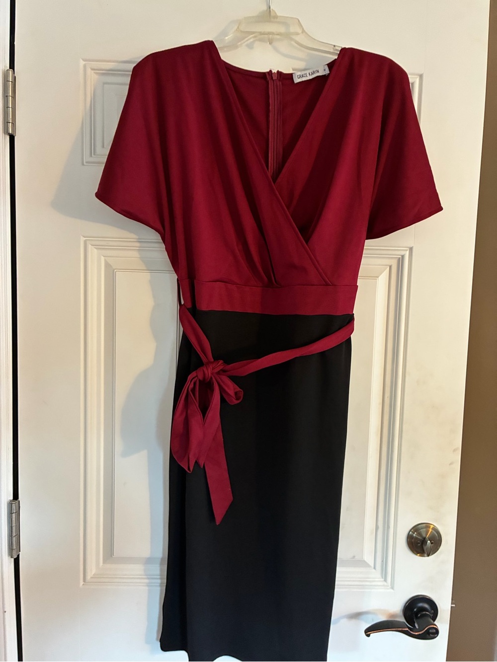Grace Karin Two-Tone Wrap Midi Dress in Burgundy and Black